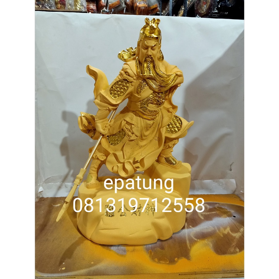 patung kwan kong / kwan kung / guan yu - 19 inch, fiber warna emas