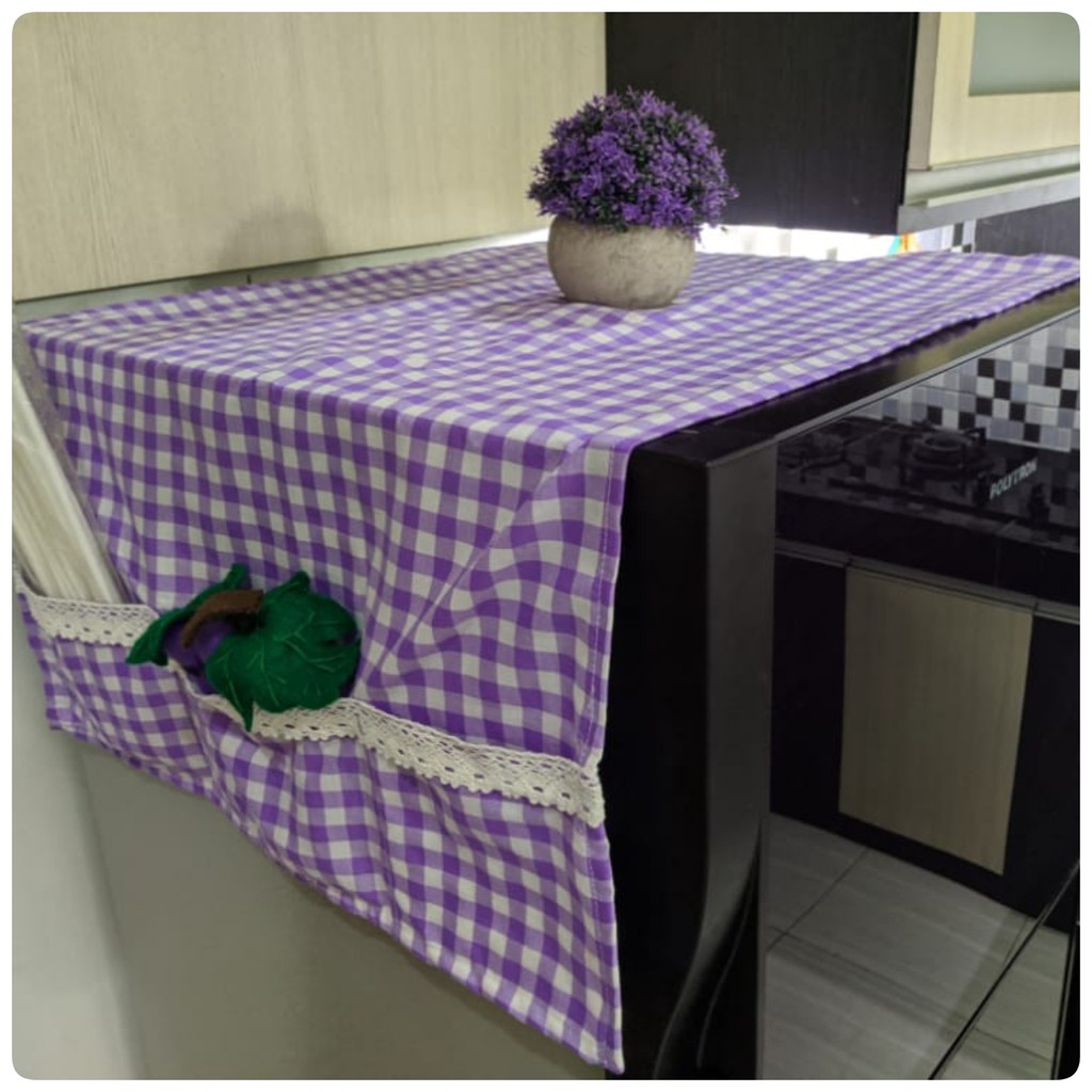 TAPLAK KULKAS / Cover Kulkas 6 Saku Estetik Motif Kotak-Kotak Kekinian Hiasan RENDA Rajut Gaya Korea