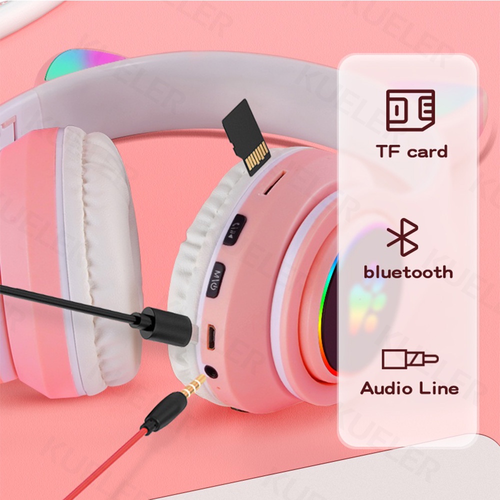 Headphone Bluetooth Telinga Lampu Kucing B39 Cat Ear Headphone On Ear Bass Bando Bloetooth Headset Wireless Lucu Anak-anak Macaroon Headset Gaming Murah