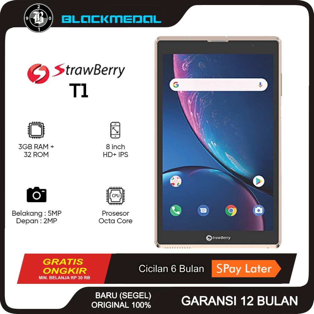 Strawberry T1 Gold Tablet Android 8 inch Baru Original Segel Resmi Garansi 1 Tahun