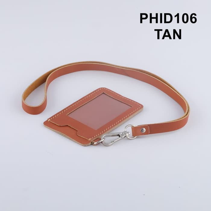 gantungan ID card kulit asli warna tan - id card holder PHID106