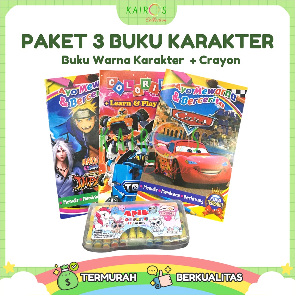 Buku Mewarnai Anak Karakter &amp; Crayon 12 Warna Paket Edukasi