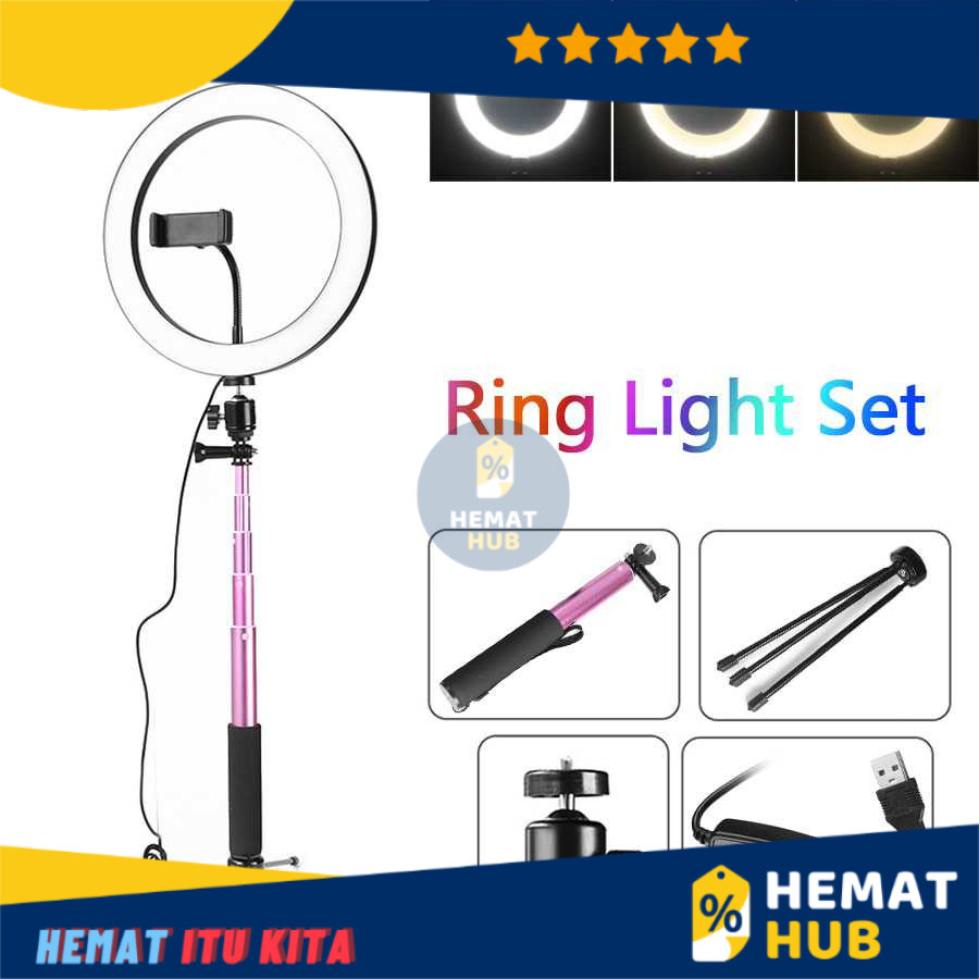 Ring Light LED 16cm Paket Lampu Halo Kamera USB Tripod Stand Vlog Aksesoris Handphone Tongsis