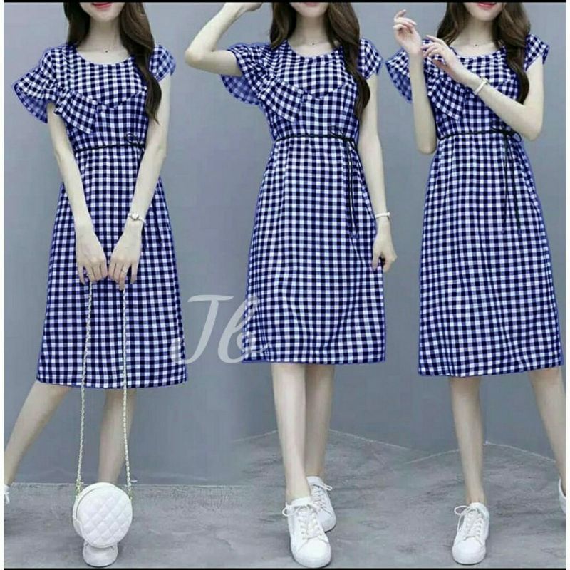 Dress Wanita / Dress Korea / Dress Aulia Kotak / Dress Motif Kotak Midi