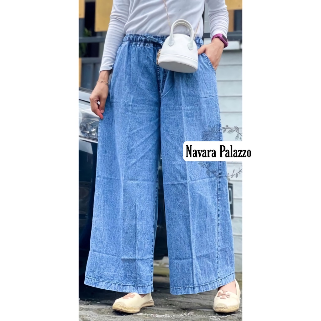 Celana Panjang Jeans Kulot Wanita Jumbo Navara Palazzo Kekinian-Snow blue