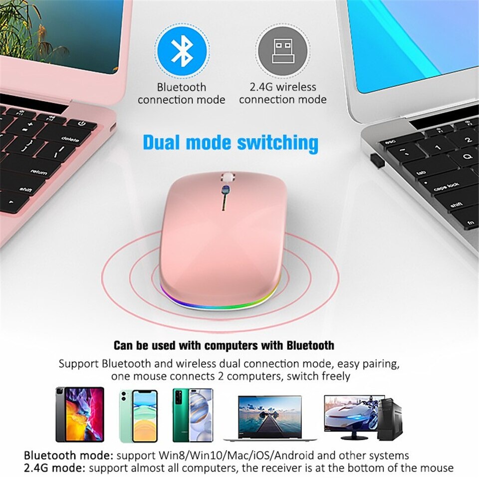 Mouse Bluetooth Wireless Rechargeable dengan RGB LED Dual Mode Silent Click Slim Design