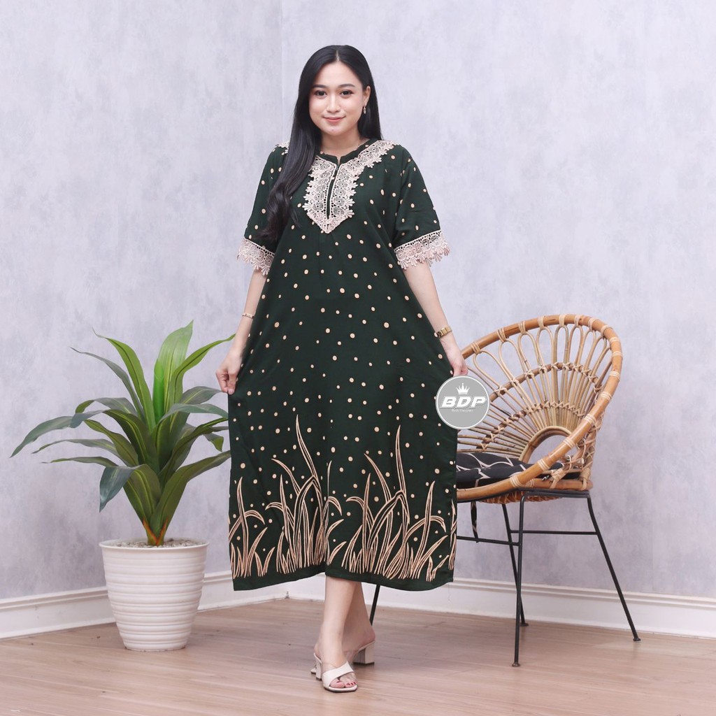 Dianputri - Daster Arab Zeema | Rayon Super Grade A | Resleting Depan Busui | Renda Milo Ori-HIJAU BOTOL