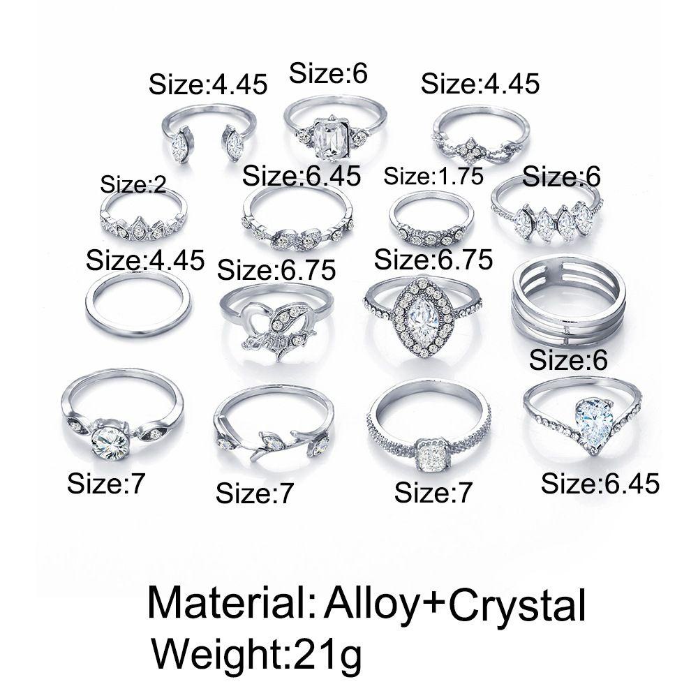 Lily 15PCS Cincin Set Wanita Warna Silver Statement Elegan Hati Berongga