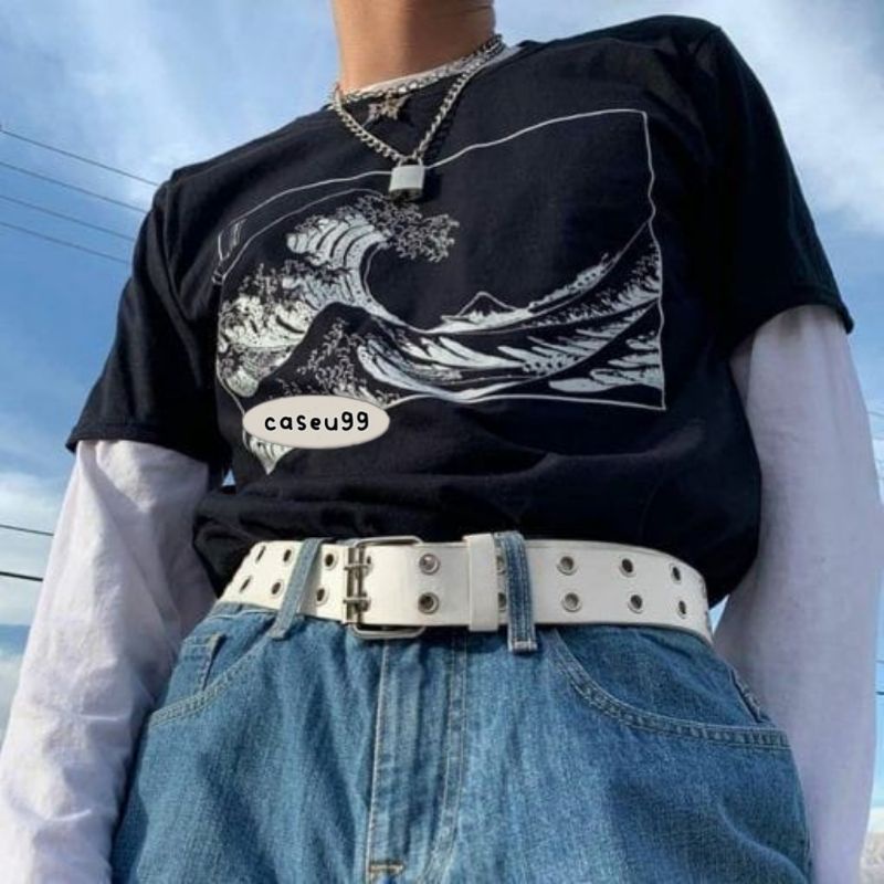 ikat pinggang sabuk Harajuku putih brown coklat unisex stardy belt lebar 2 mata vintage rock punk retro kulit sintesis