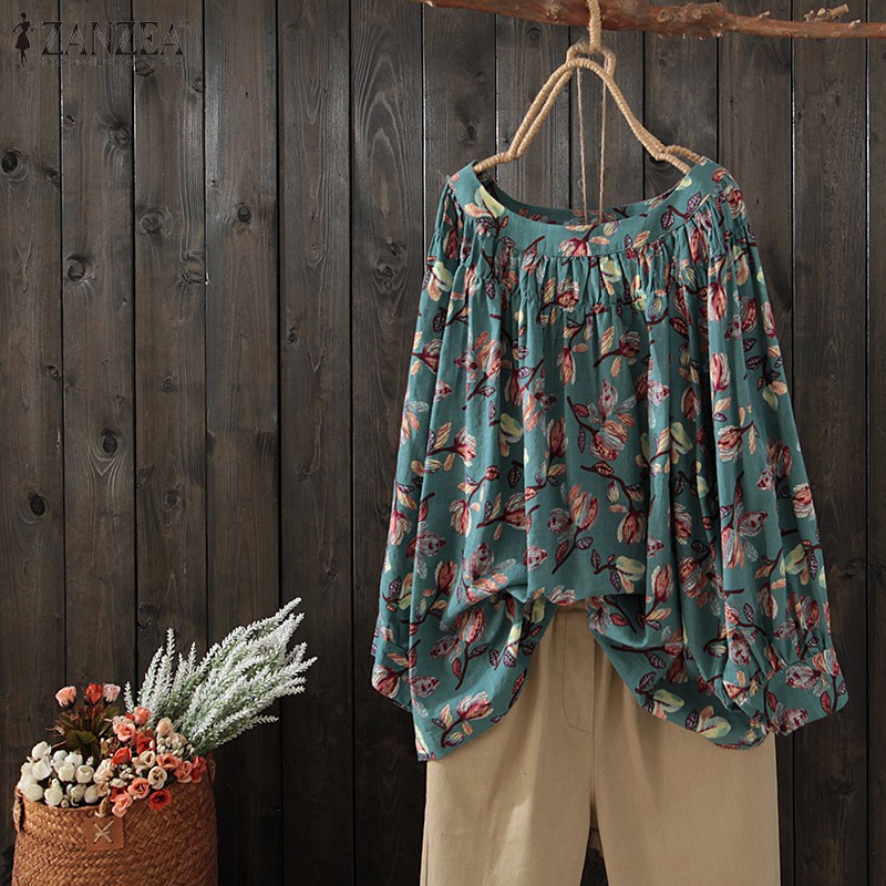 ZANZEA Women Vintage Floral Printed Loose Long Sleeve Blouse