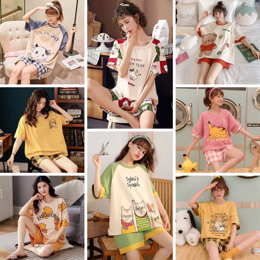 Ven 101- Setelan piyama lengan pendek import motif lucu/impor korea/baju tidur katun bahan lembut-1