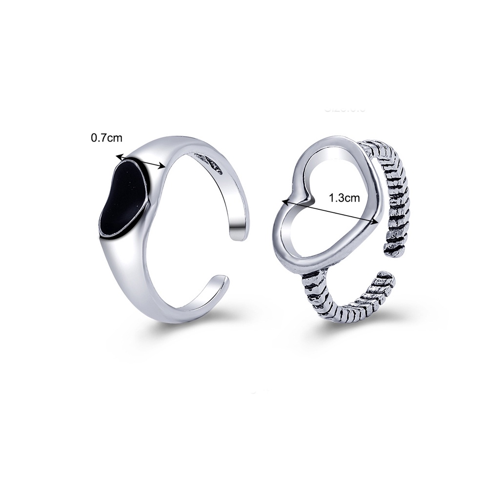 2pcs / Set Cincin Model Terbuka Lapis Silver Desain Hati Enamel Hitam Gaya Vintage Handmade Adjustable Untuk Wanita