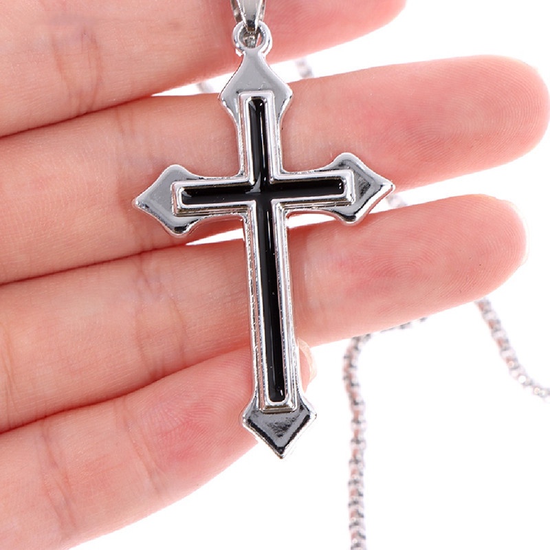 Kalung Rantai Liontin Salib Yesus Bahan Titanium Steel Alloy Warna Silver Untuk Pria Dan Wanita