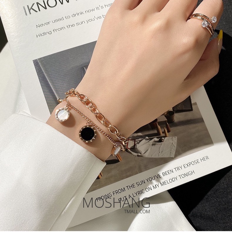 Gelang Double Layer Bulat Dengan Rumbai Geometris Waterproof Anti Alergi 18K Rose Gold