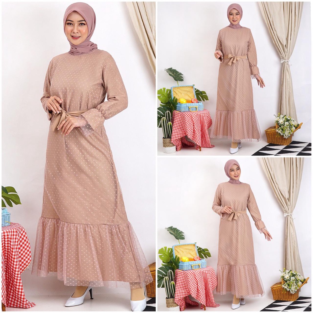 (Dijamin RealPict) Gamis Helwa Tile Polkadot Maxi Dres Lebaran Long Dress Busana Muslim Murah!!