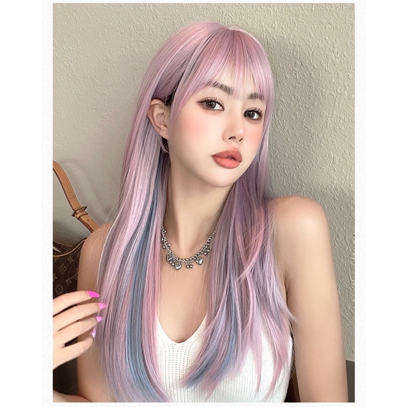 T368 full wig korean straight pink blue 63 cm