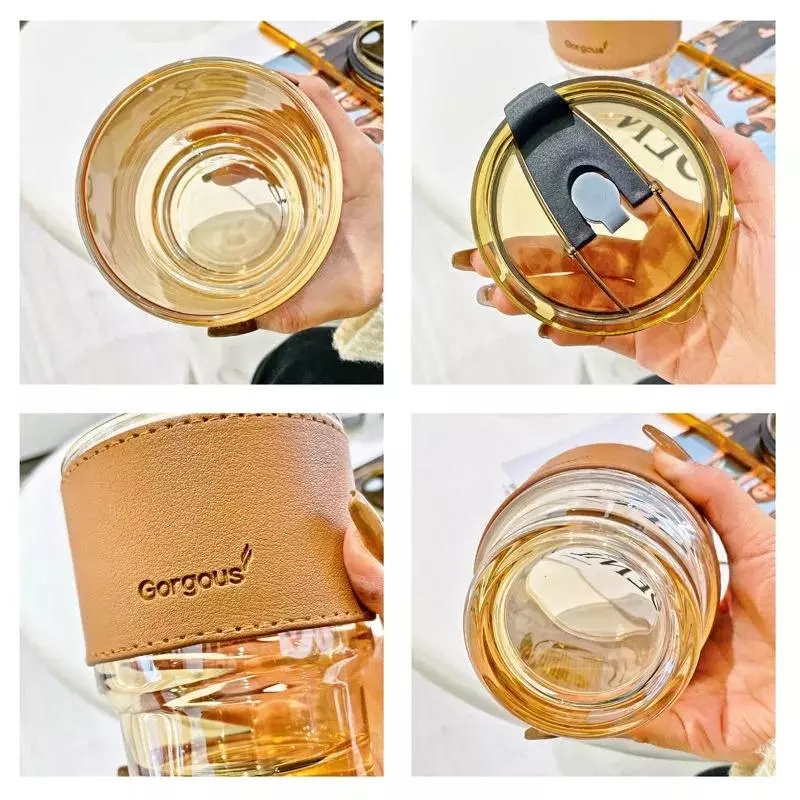 (BOW) Gelas Kopi Tumbler Kaca Susu Teh Aesthetic Gelas Minum Bening Dengan Kulit Case Anti Panas