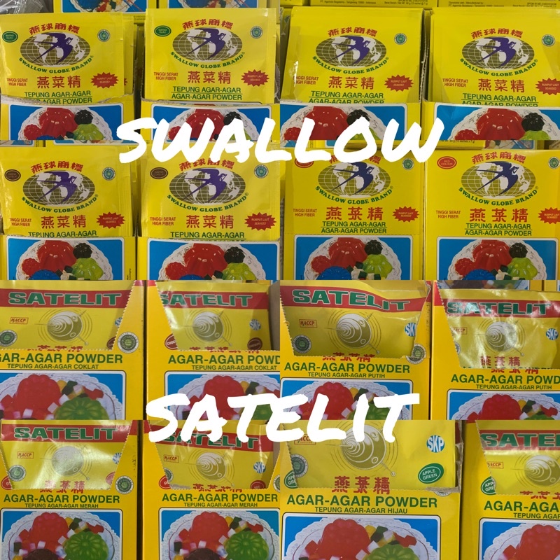 

SWALLOW Globe Brand SATELIT Tepung Agar Agar Powder Tinggi Serat High Fiber Rumput Laut Seaweed Merah Red Hijau Apple Green Putih Chocolate Coklat Cokelat Sachet 7 gr