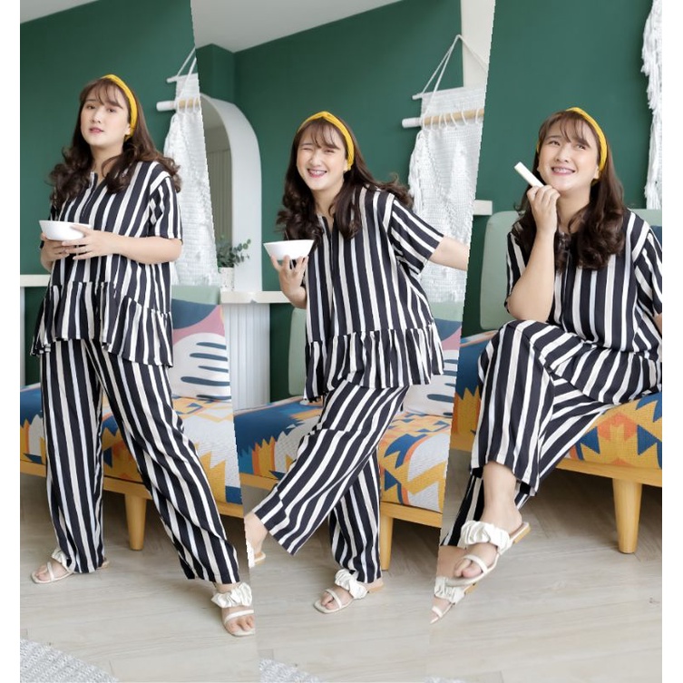 ONE SET PAJAMAS REMPEL LENGAN PENDEK/PIYAMA REMPEL BUSUI /LD 120 (all size)/BAHAN KATUN-Agatha SET