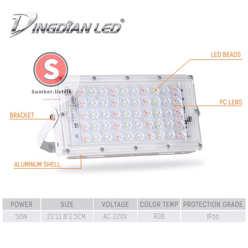 lampu sorot led rgb 50w 220v /warna warni led sorot remot 50watt