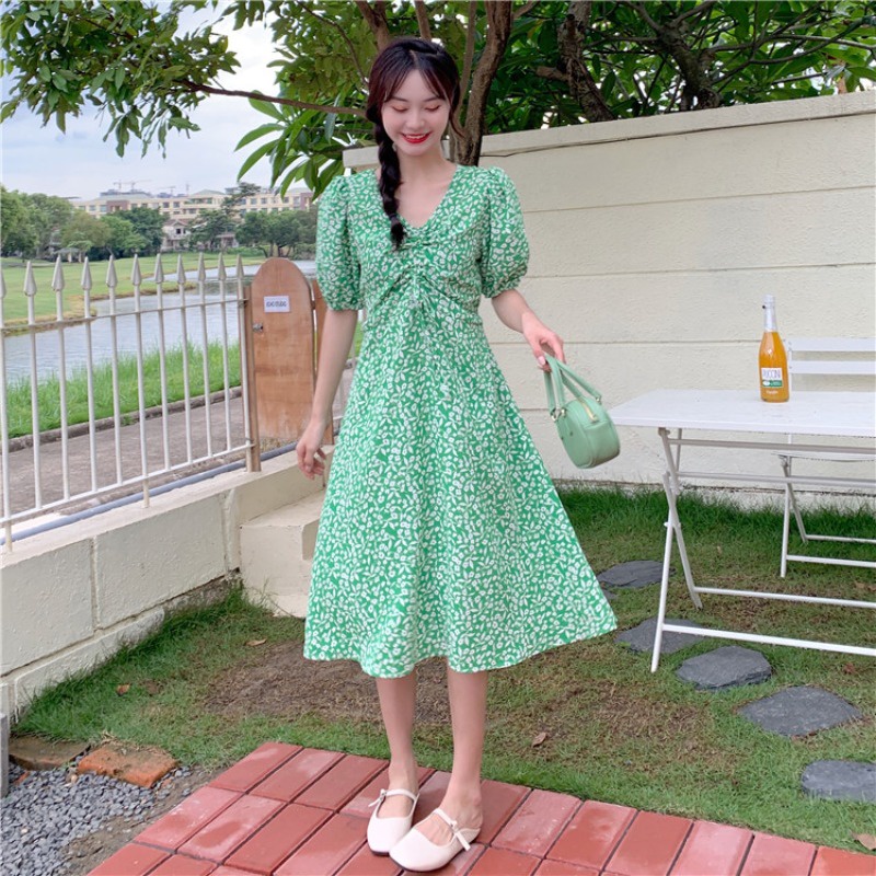 pakaian wanita korea COD 2022 New Fashion Korean Style daster kerut dada Black Blue Green Floral Short Sleeve Drawstring V Neck Midi dress wanita 2023 korea biru for Women Summer A-Line Casual tunik Dresses