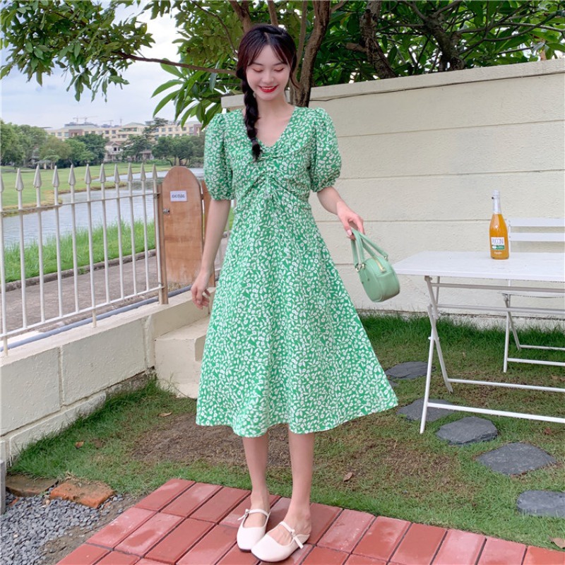 pakaian wanita korea COD 2022 New Fashion Korean Style daster kerut dada Black Blue Green Floral Short Sleeve Drawstring V Neck Midi dress wanita 2023 korea biru for Women Summer A-Line Casual tunik Dresses