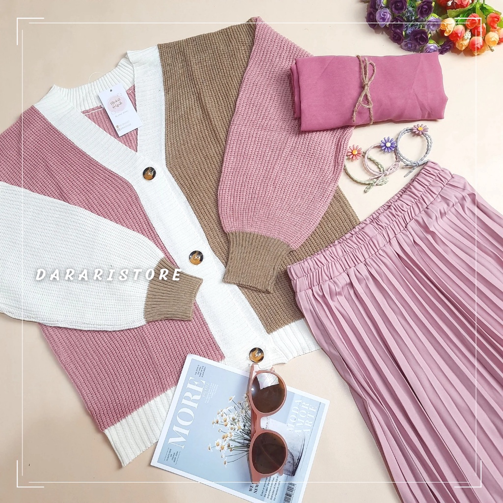Yume Set Cardigan 3tone + Rok Plisket / Paket Outfit Setelan Wanita Baju Rajut by Yumidaily