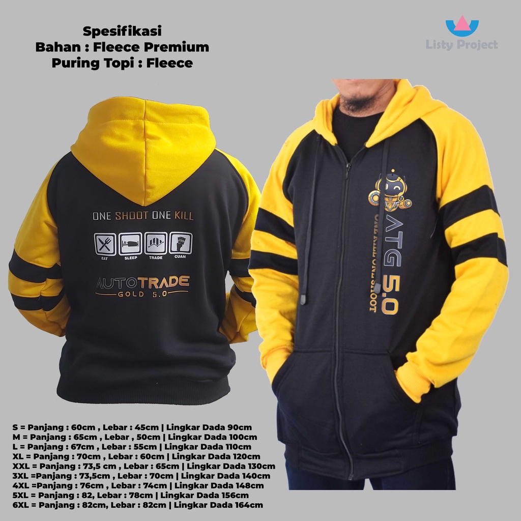 Jaket ATG Auto Trade Gold 5.0 Hitam variasi Kuning Fleece Premium