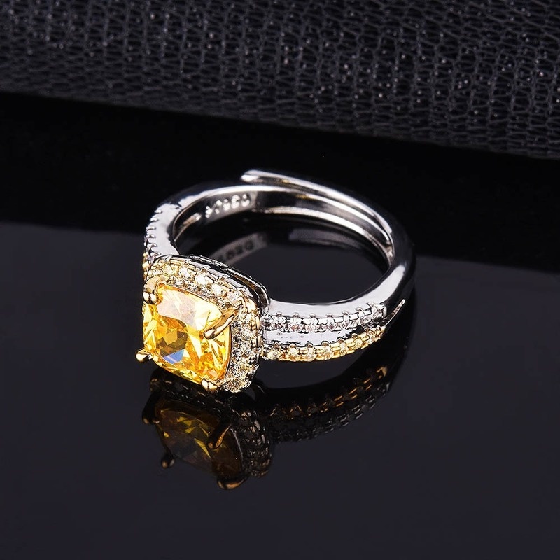 Fashion Creative Double-Layer Full Diamond Yellow Diamond Princess Square Open Ring