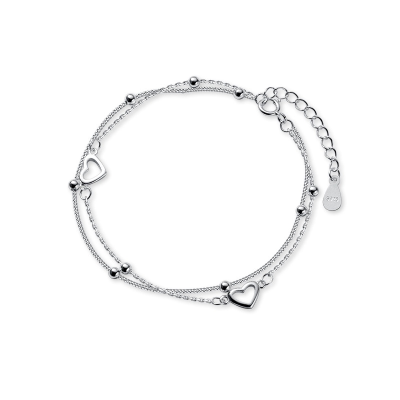 1 Pcs Silver Color Hollow Love Heart Double Layer Metal Bracelet/ Contracted Design Round Bead Chain Adjustable Bangle