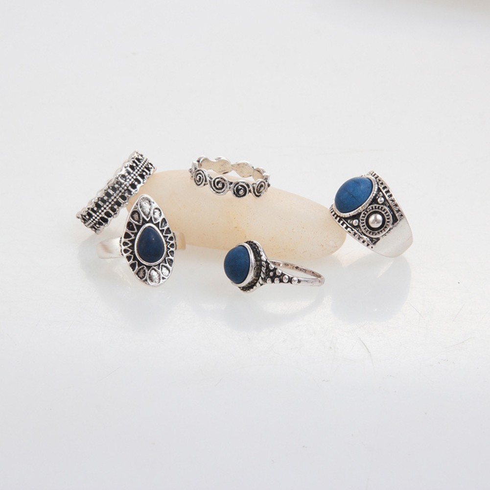 5Pcs Cincin Alloy Lily Bohemian Warna Biru