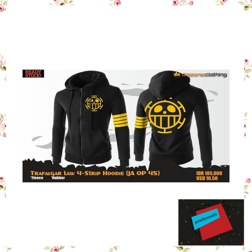 Jaket Pria parasut parka gunung Hoodie Anime One Piece Trafalgar Law 4 Strip Hoodie KK158