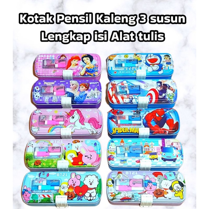 

6605 kotak Pensil Anak karakter 3 susun Bonus alat tulis set bisa tulis whiteboard frozen spiderman avengers
