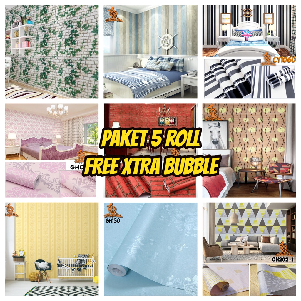 Paket 5 Roll Wallpaper Dinding / Stiker Dinding Anti Air / Walpaper Dinding Kamar Tidur Motif/Wallsticker/Wallpaper Motif Elegant/Wallpaper Motif Salur