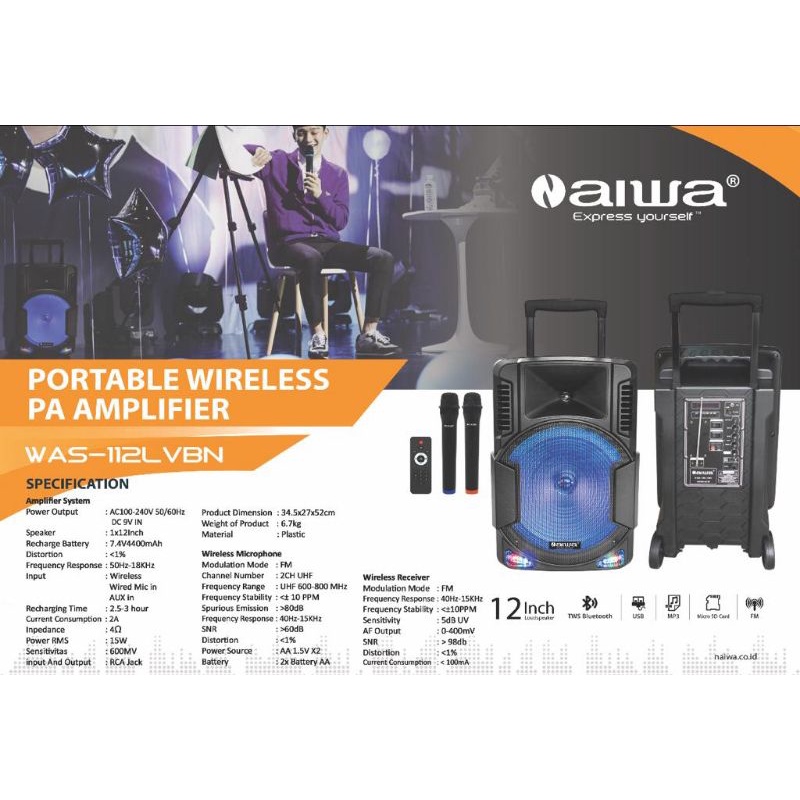 Speaker Portable Aiwa 12 In Was 112LVBN Bonus STENDING