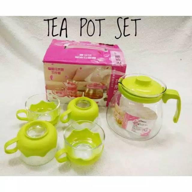 Teko Set Cangkir Kaca 5 in 1 Tea Pot Tempat Minum Teh/Kado souvenir