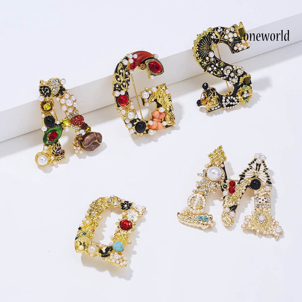 OW@ Enamel Brooch Pin Muti-Color Fashion Letter Shape Women Rhinestone Faux Pearl Brooch Pin for Party