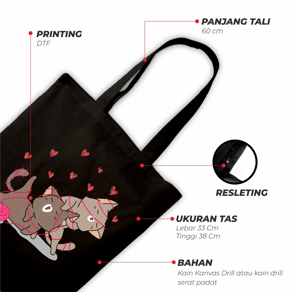 Sevine Totebag Tas Wanita Tote Bag Resleting Cute Cat Black Series Hitam - CSL8