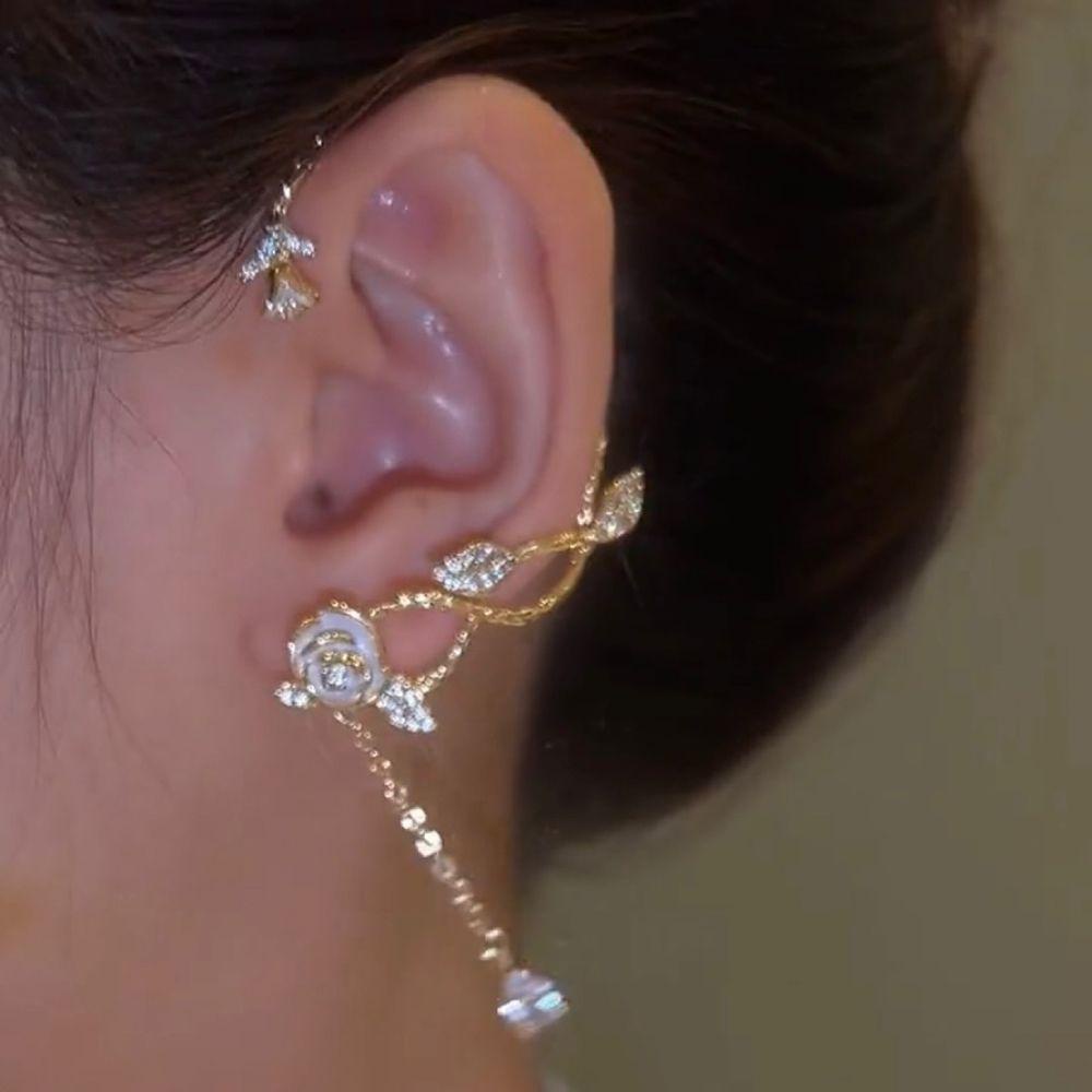 Anting Klip Bunga Mawar Mewah Mengkilap Rantai Panjang Kait Telinga Tembaga Zirkon Gaya Korea Ear Clip