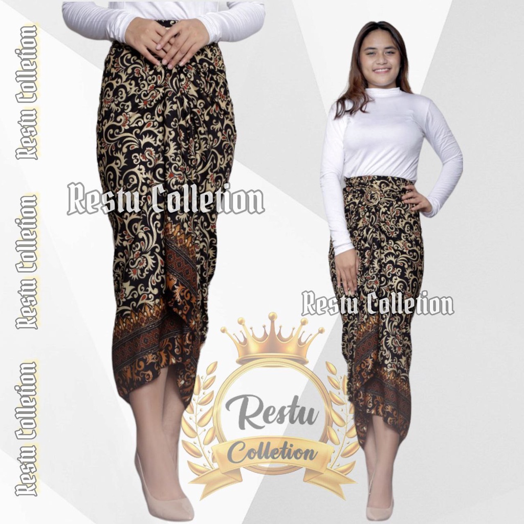 { COD } Rok Lilit Warp Skirt Serut Batik Songket Jumputan Panjang Wanita Bawahan Kebaya Kondangan Nikahan Wisuda Modern Cewek Bahan Sutra HQ Premium All Size By Restu Colletion Motif BK Hitam