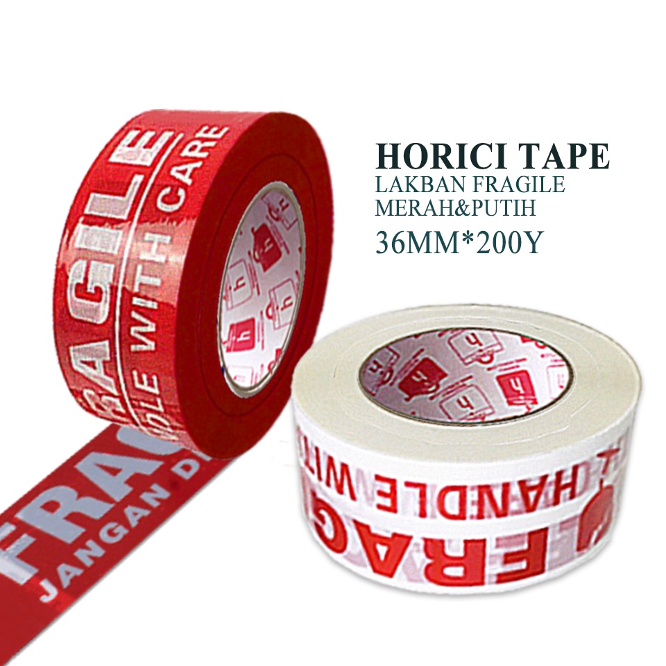 HORICI TAPE 36MMx200Y lakban Fragile Jangan di banting Isolasi Mudah Pecah Belah Aneka varian termurah satuan