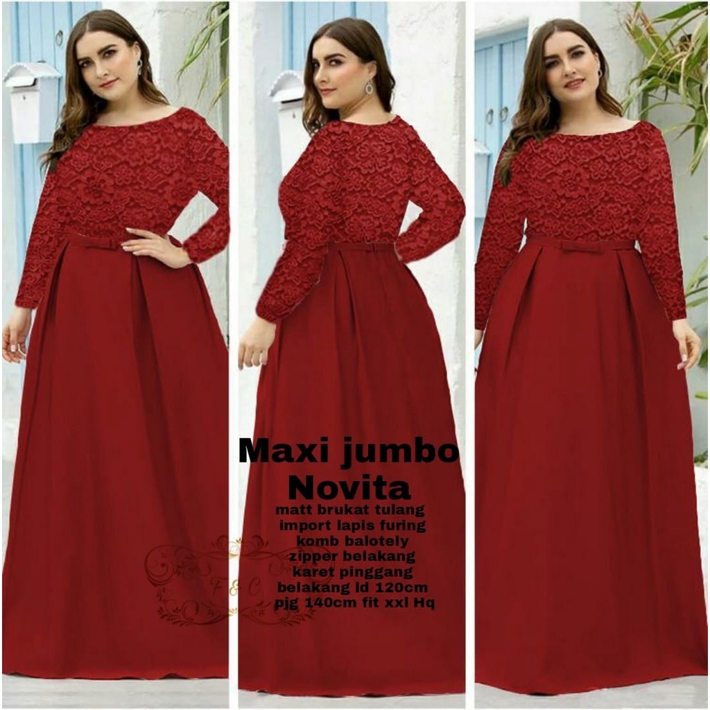 Dress Maxi Jumbo Brukat Lengan Panjang/ Dress Brukat NOVITA Maxi Fit To XXL