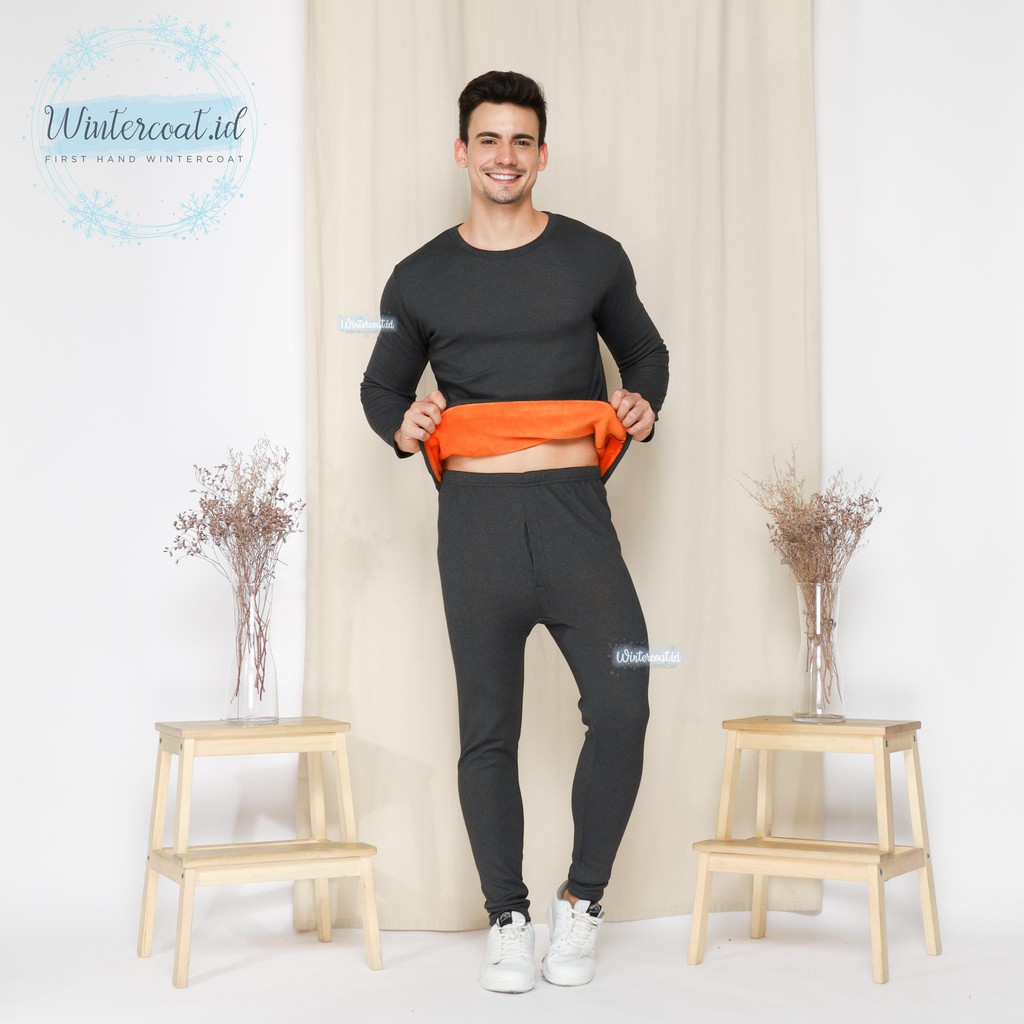 Premium 1 set Longjohn Winter Pria / Wanita thermal underwear long john musim dingin-Dark Gray (Pria)