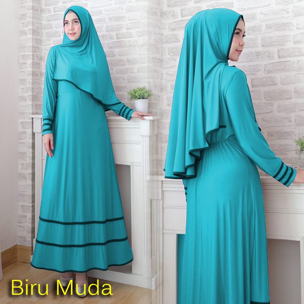 Syfarose gamis syari 1 set 20 warna ( dapat jilbab ) baju muslim / busana Size L & XL-Biru Muda