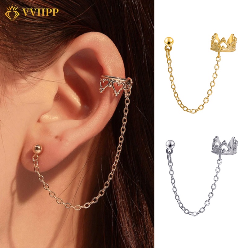 Korean Gold Silver Crown Ear Clip Personalized Chain Drop Earrings Women Fashion Jewelry Accessories