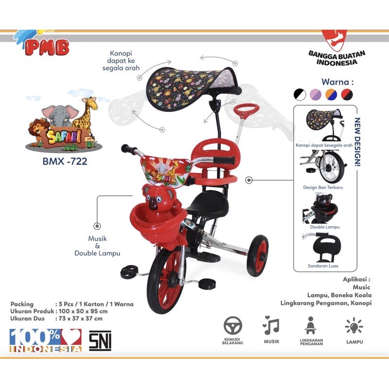 Sepeda Roda Tiga Anak BMX Tricycle PMB 722 Sandaran Stick Musik Kanopi