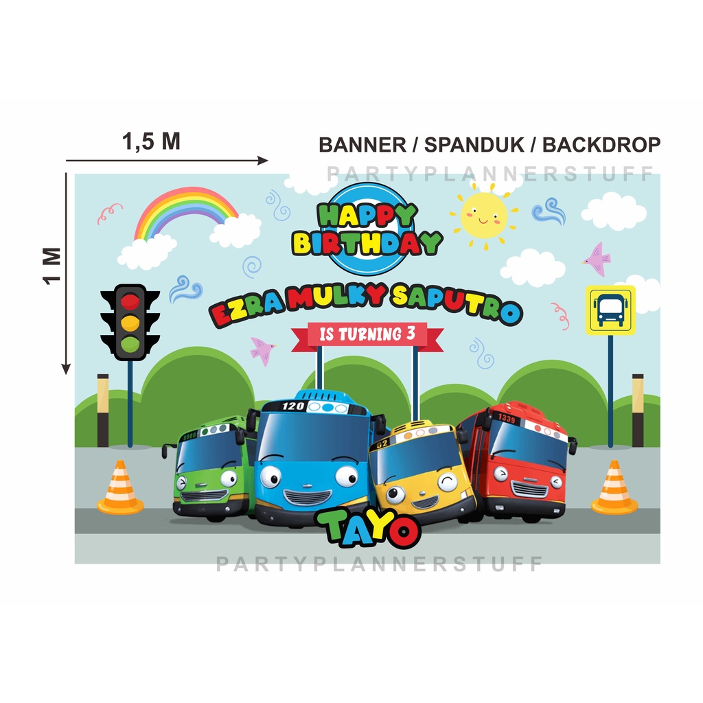Banner ulang tahun anak tema tayo the little bus spanduk backdrop ultah anak tema tayo custom nama m