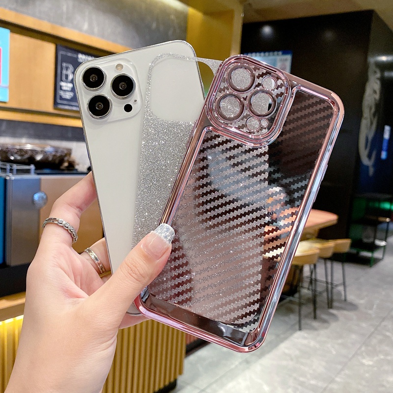 Case Bumper Pelindung Kamera Shockproof Ultra Tipis Tekstur Serat Karbon Untuk iPhone 12 13 Pro MAX 11 Pro MAX 7 Plus 8 Plus X XR XS MAX SE 2020