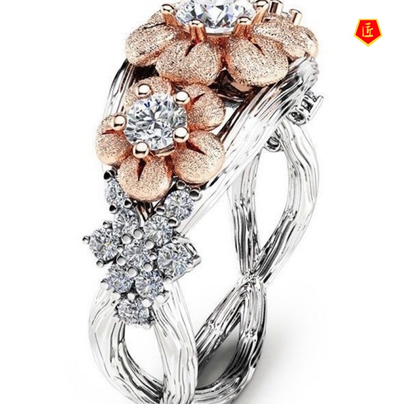 [Ready Stock]18K Rose Gold Flower Color Separation Ring for Women