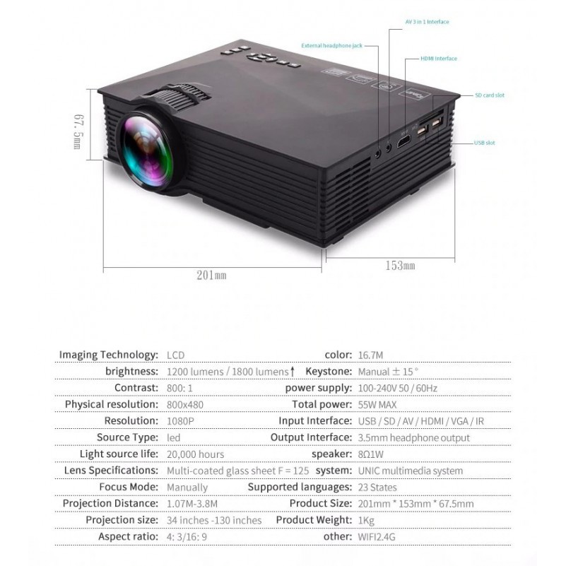 UNIC UC68 Projector with Miracast AirPlay 1800 Lumens - 2x UC46 Lumens